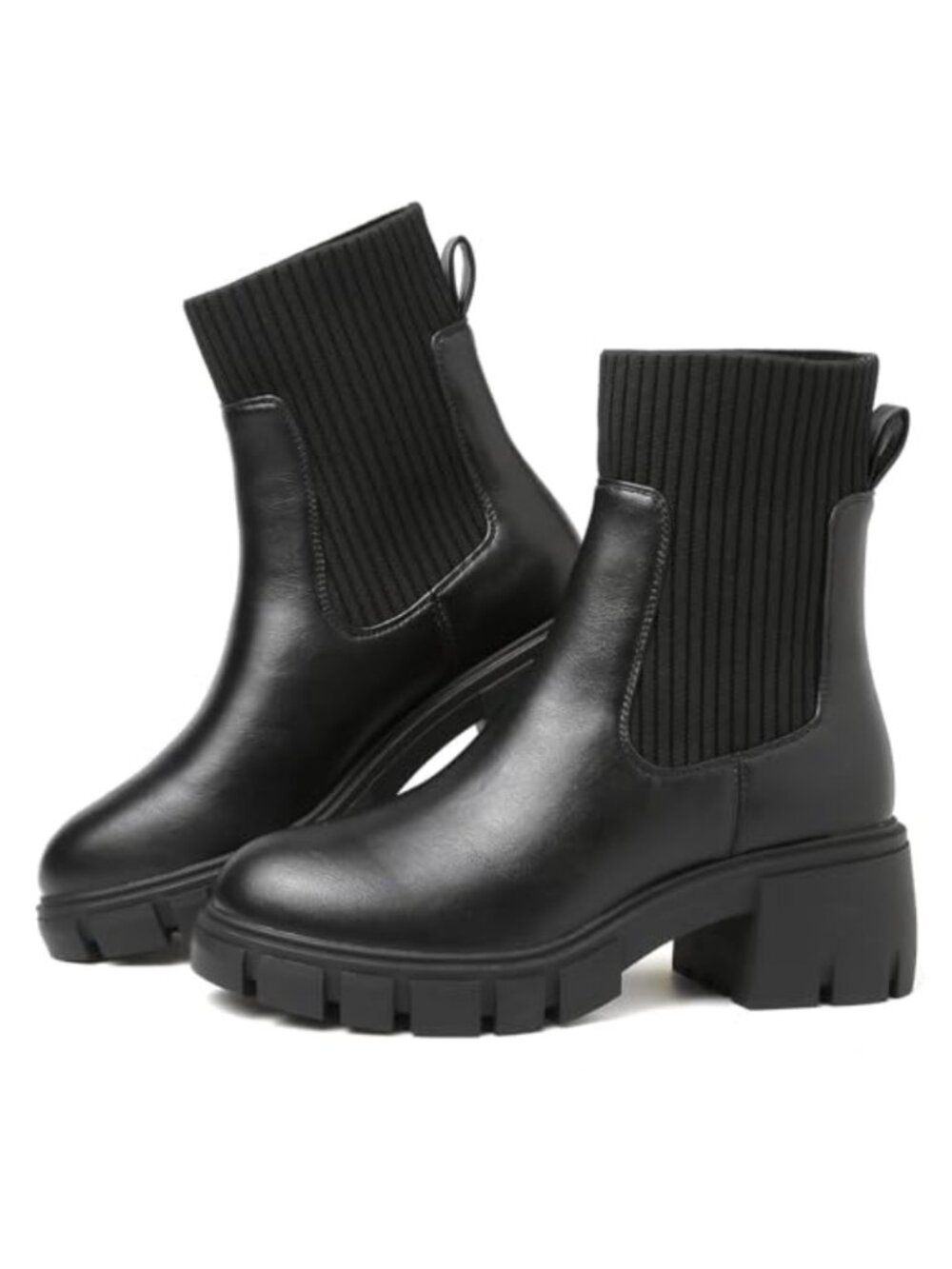 Sock Style Chelsea Boots Stretch Knit Chunky Heel Lug Sole Women's